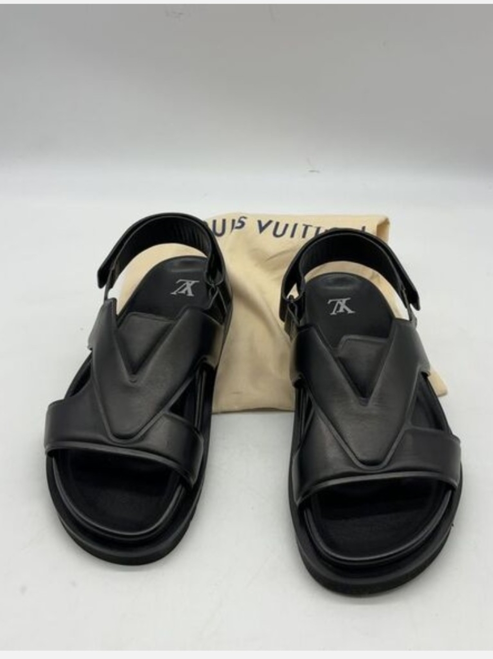 Louis Vuitton Black Leather Signature V-Strap Men's Sandals(AUTHENTIC)